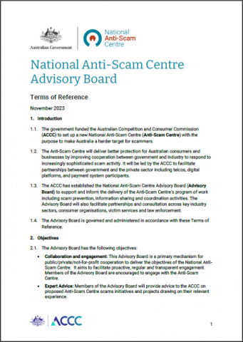 First page of the national anti-scam centre advisory board terms of reference