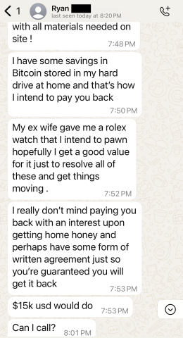 Romance scam messages Screenshot of repeated messages from a scammer