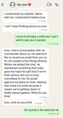 Romance scam Screenshot of message between a scammer and a victim